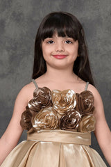 Rosette Bloom Golden High-Low Party Wear Frock For Girls