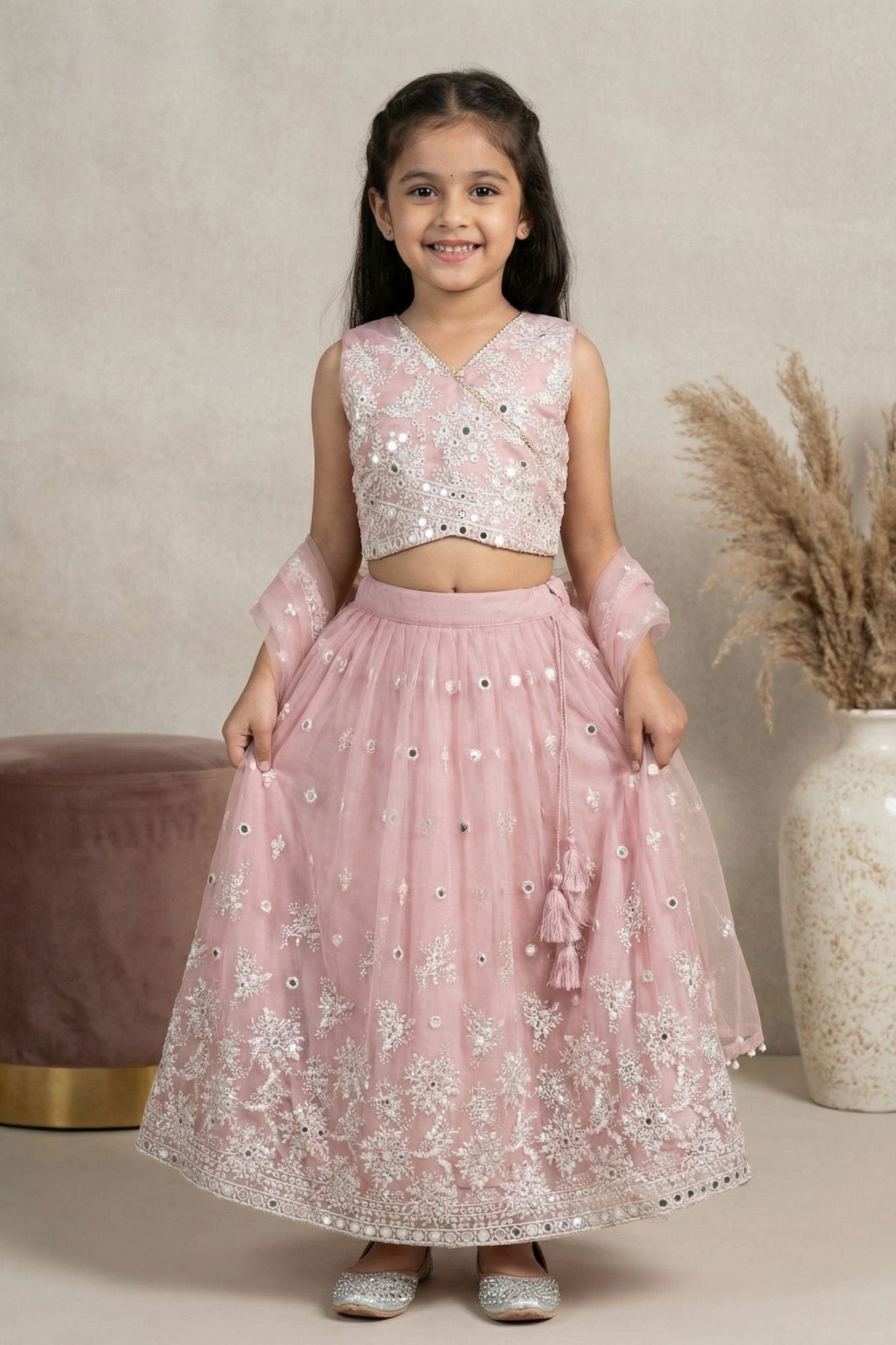 Blush Pink Embroidered Lehenga Choli Set with Dupatta For Girls