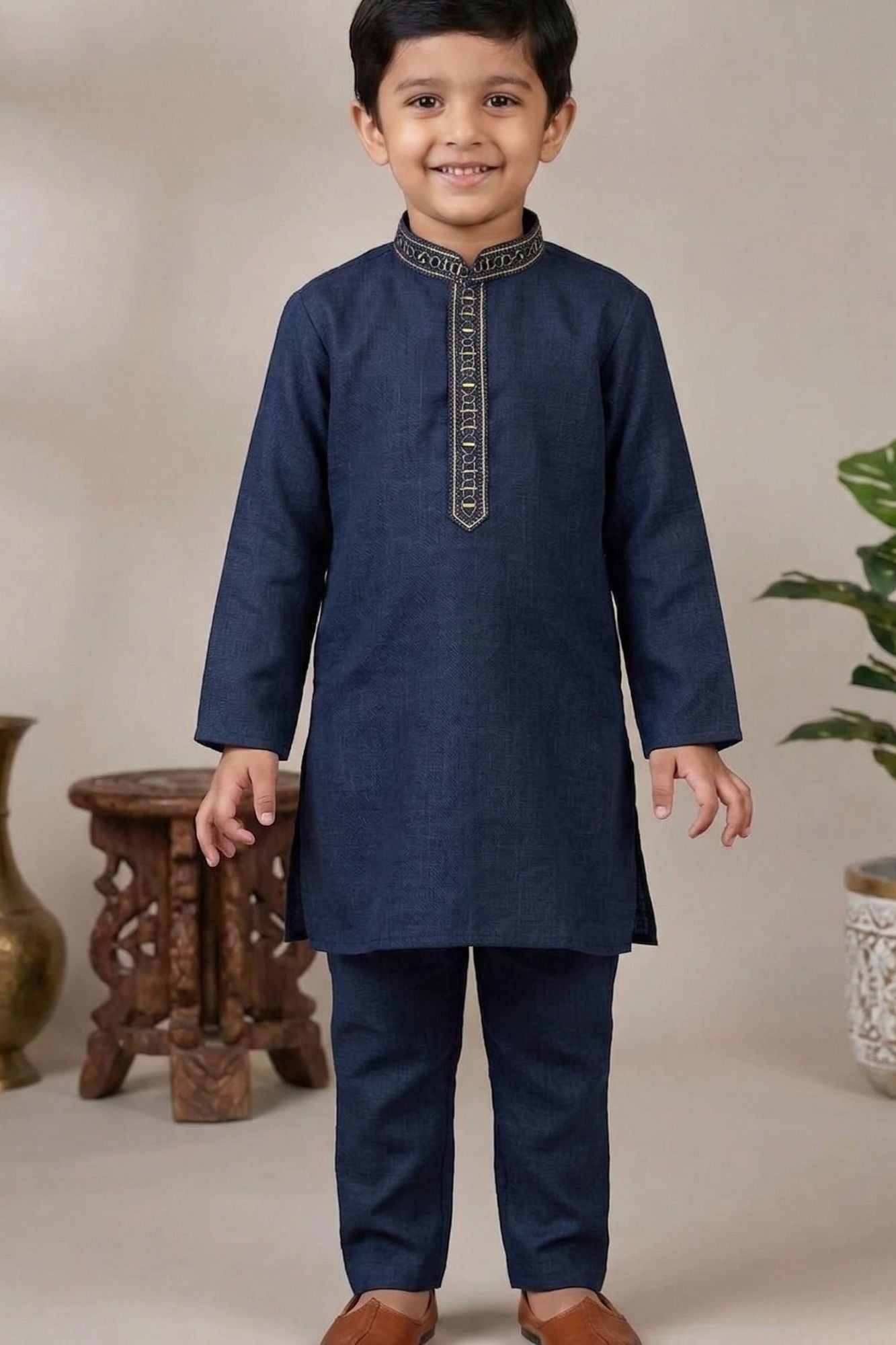 Navy Blue Embroidered Linen Kurta Set For Boys