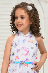 White Sleeveless Floral And Butterfly Printed With Bow Embellished Frock For Girls