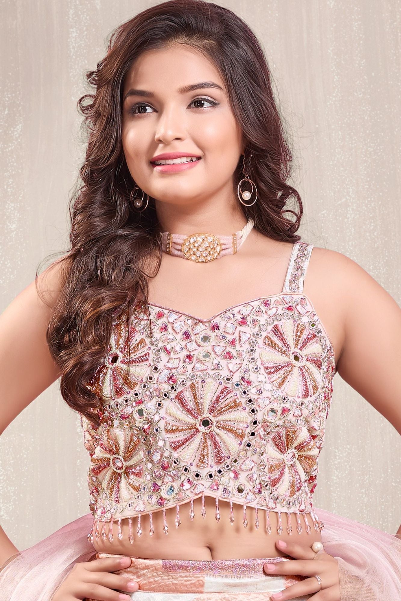 Girls Blush Pink Embroidered Lehenga Choli Set with Net Dupatta