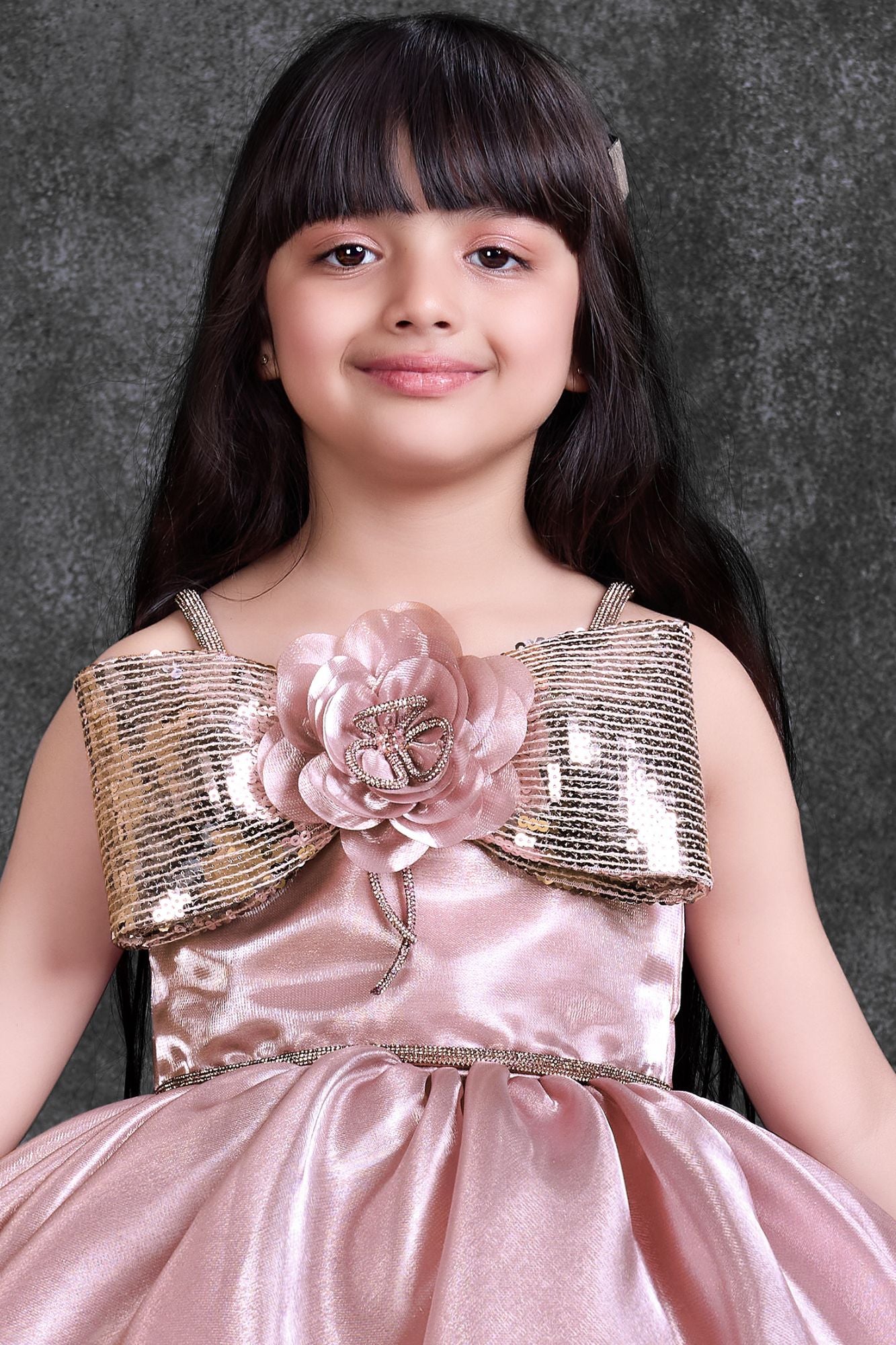 Dusty Pink High-Low Party Wear Frock with Sequin Bow For Girls