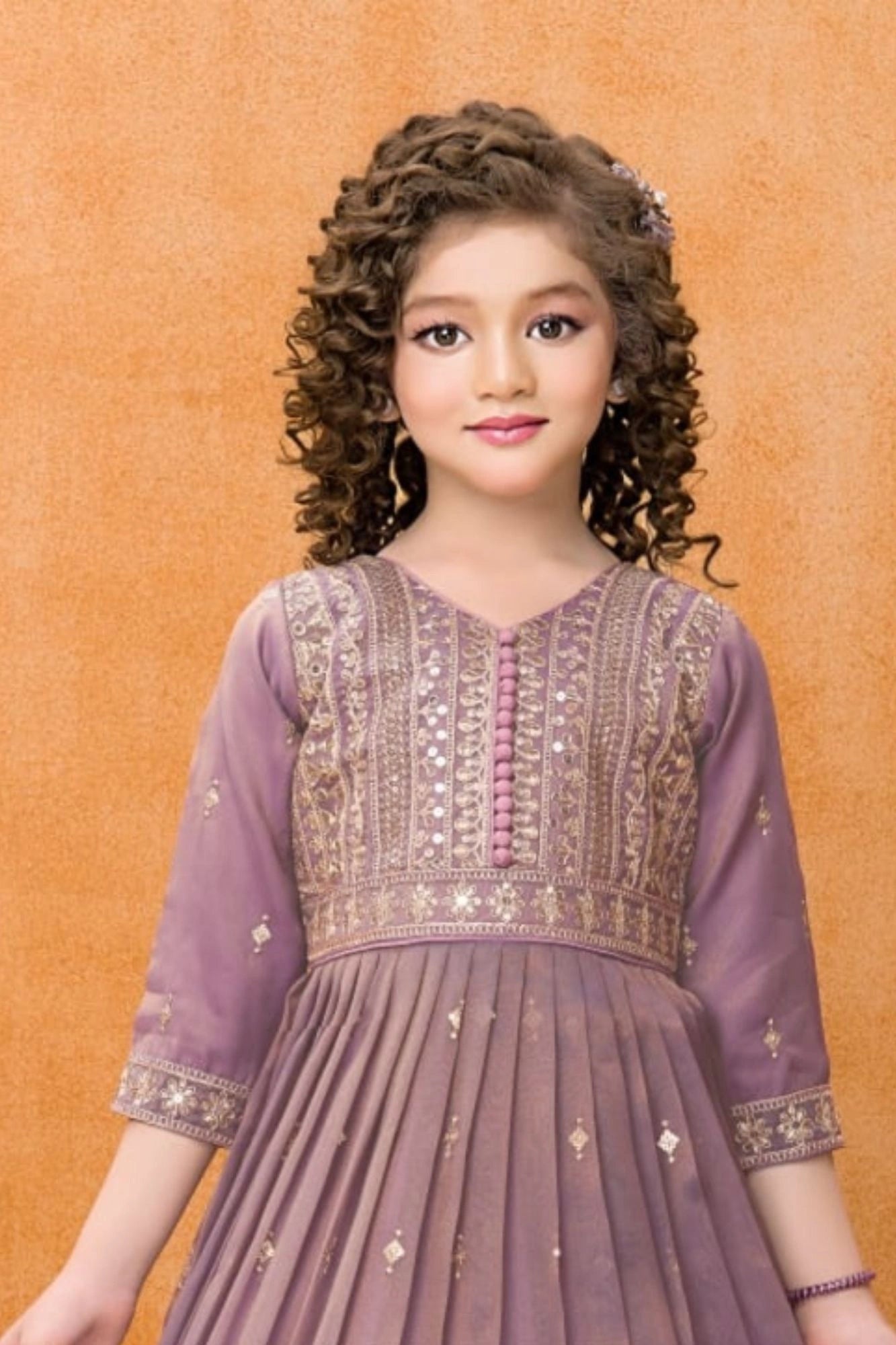 Lavender Embroidered Long Ethnic Gown with Dupatta For Girls