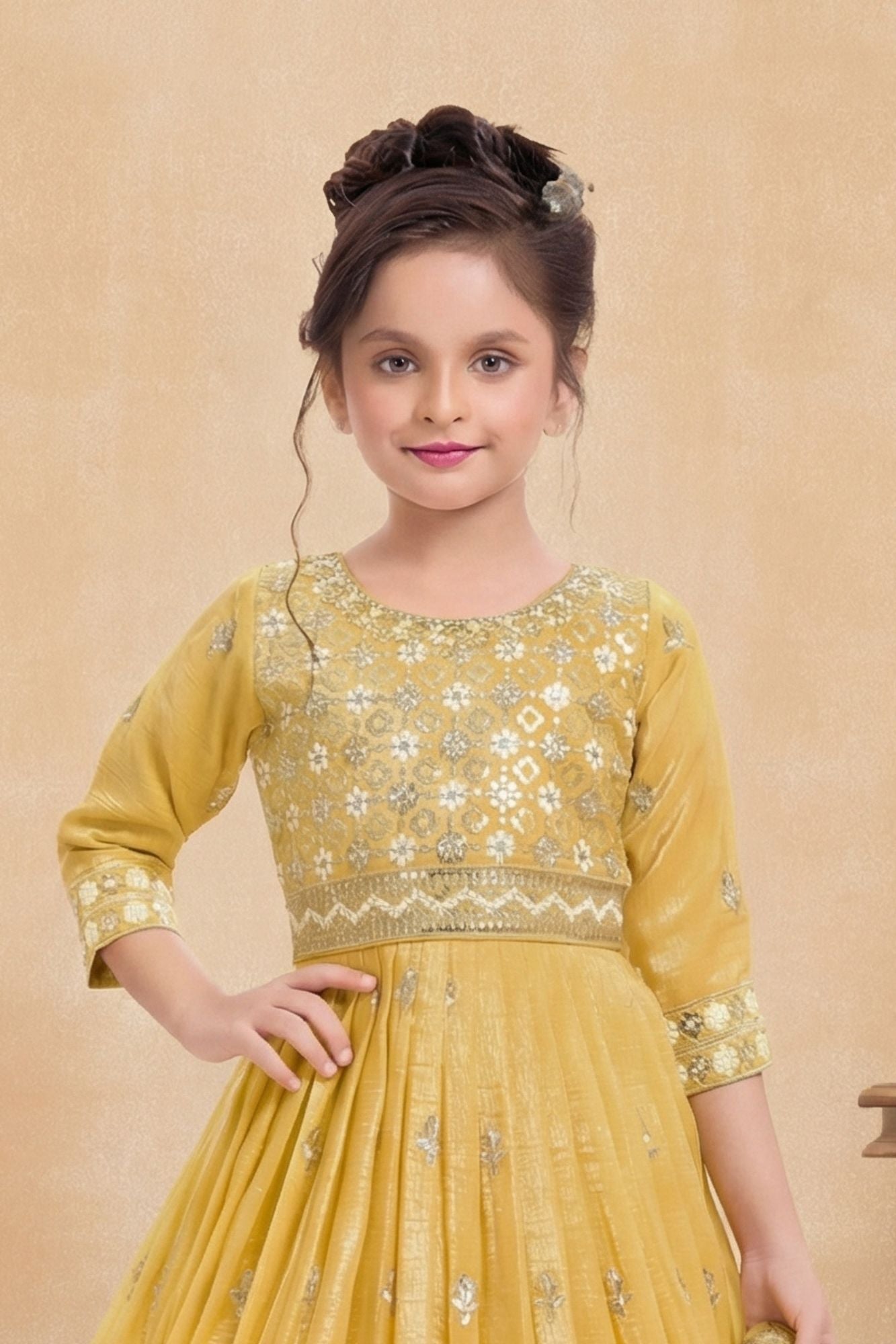 Mustard Yellow Embroidered Ethnic Gown with Dupatta For Girls