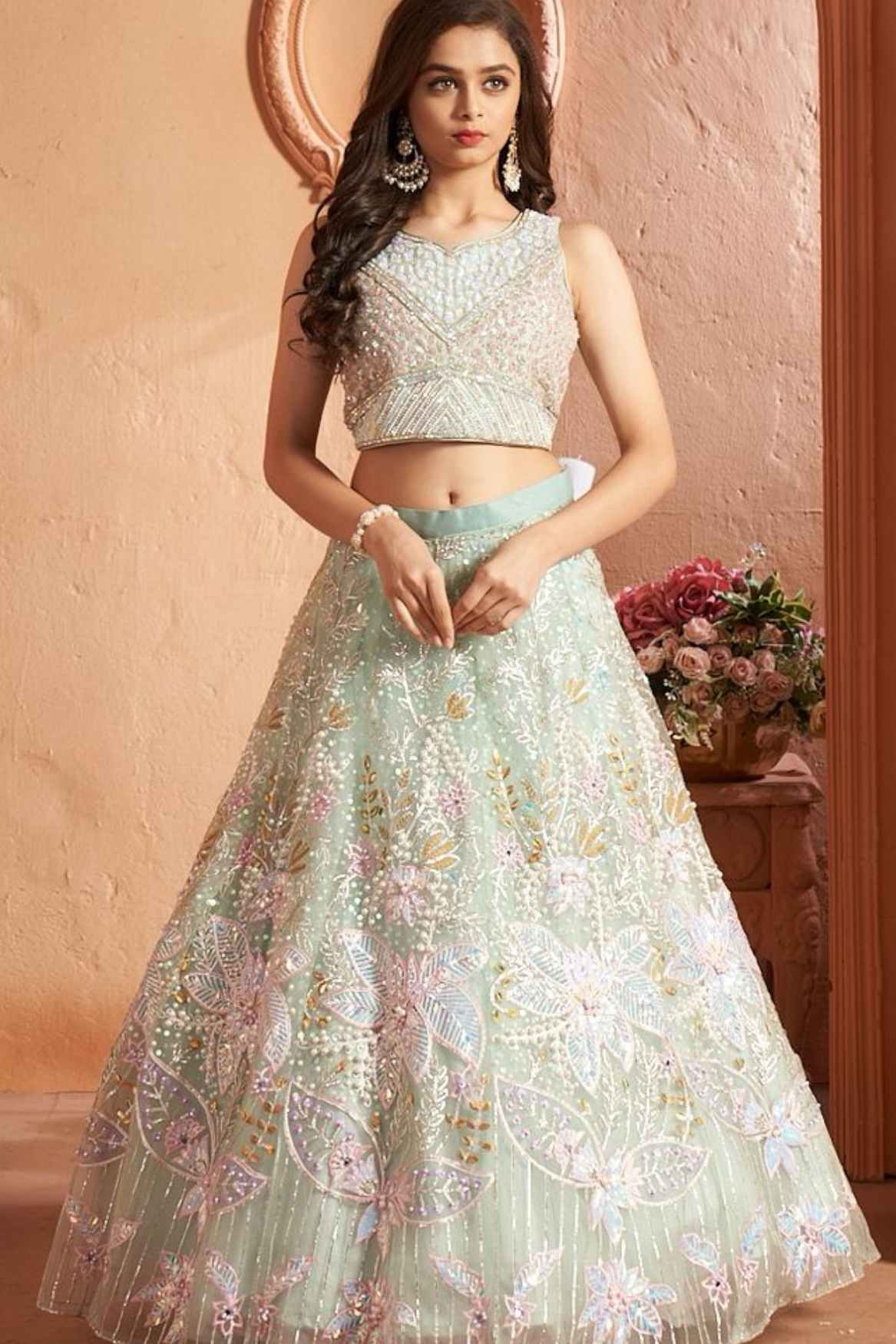 Designer Pastel Green Sequins Embroidered And Stone Work Lehenga Choli Set For Girls