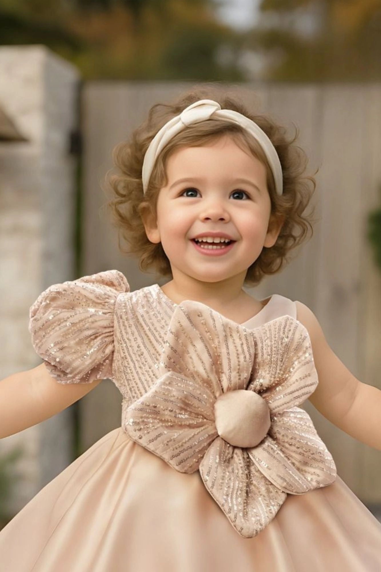 Fawn Party Frock With Sequins And Floral Embellishment For Girls