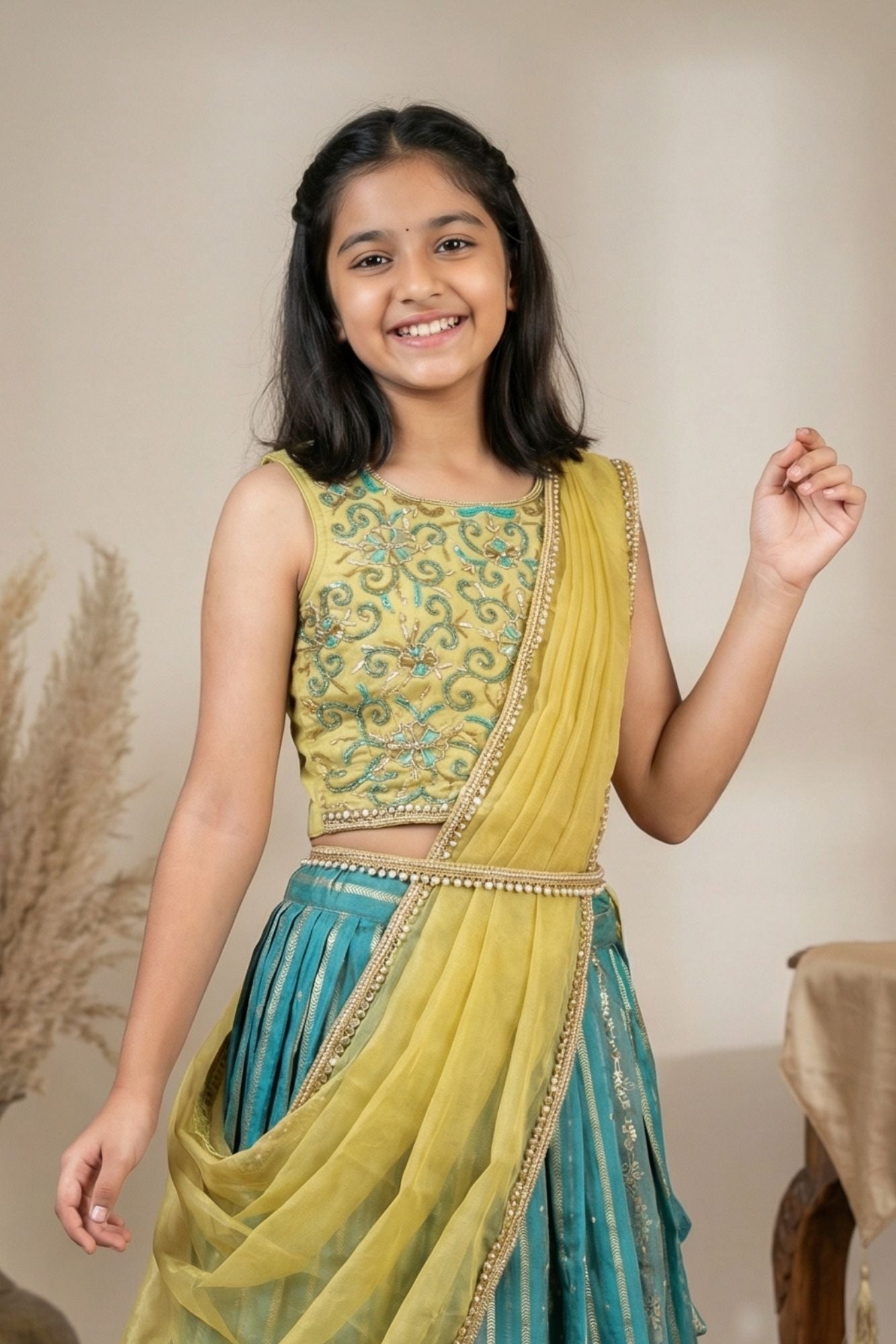 Teal Green And Lime Yellow Embroidered Lehenga Choli Set For Girls