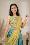 Teal Green And Lime Yellow Embroidered Lehenga Choli Set For Girls