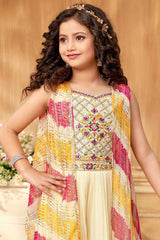 Cream Embroidered And Mirror Work Palazzo Set For Girls