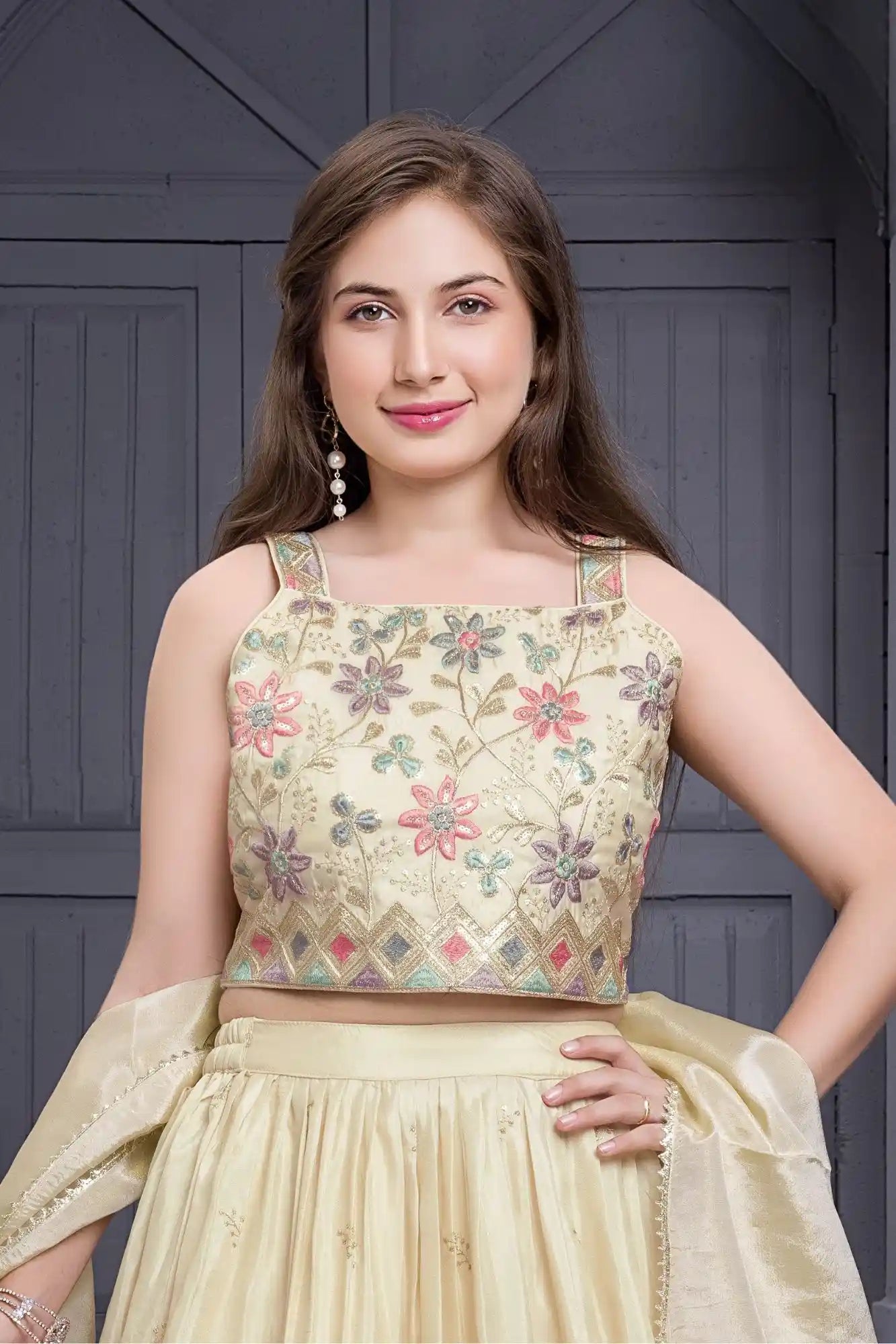 Elegant Cream Embroidered Lehenga Choli with Dupatta For Girls