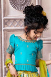 Blue And Mustard Brocade Pattu Pavadai Set For Girls
