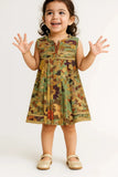 Green Multicolor Pleated Sequins Embroidered Floral Dress For Girls