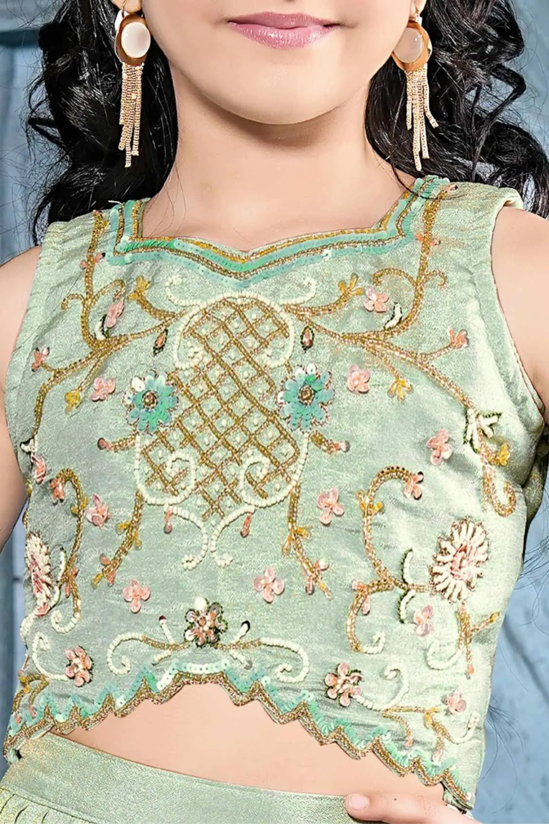 Mint Green Embroidered Lehenga Choli Set with Latkan Tie-Up For Girls