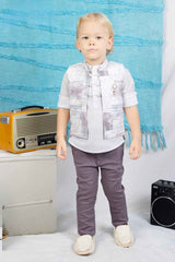 White Shirt And Pant Set With Printed Overcoat For Boys