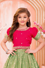 Rani Pink And Green Embroidered Pattu Pavadai Set For Girls