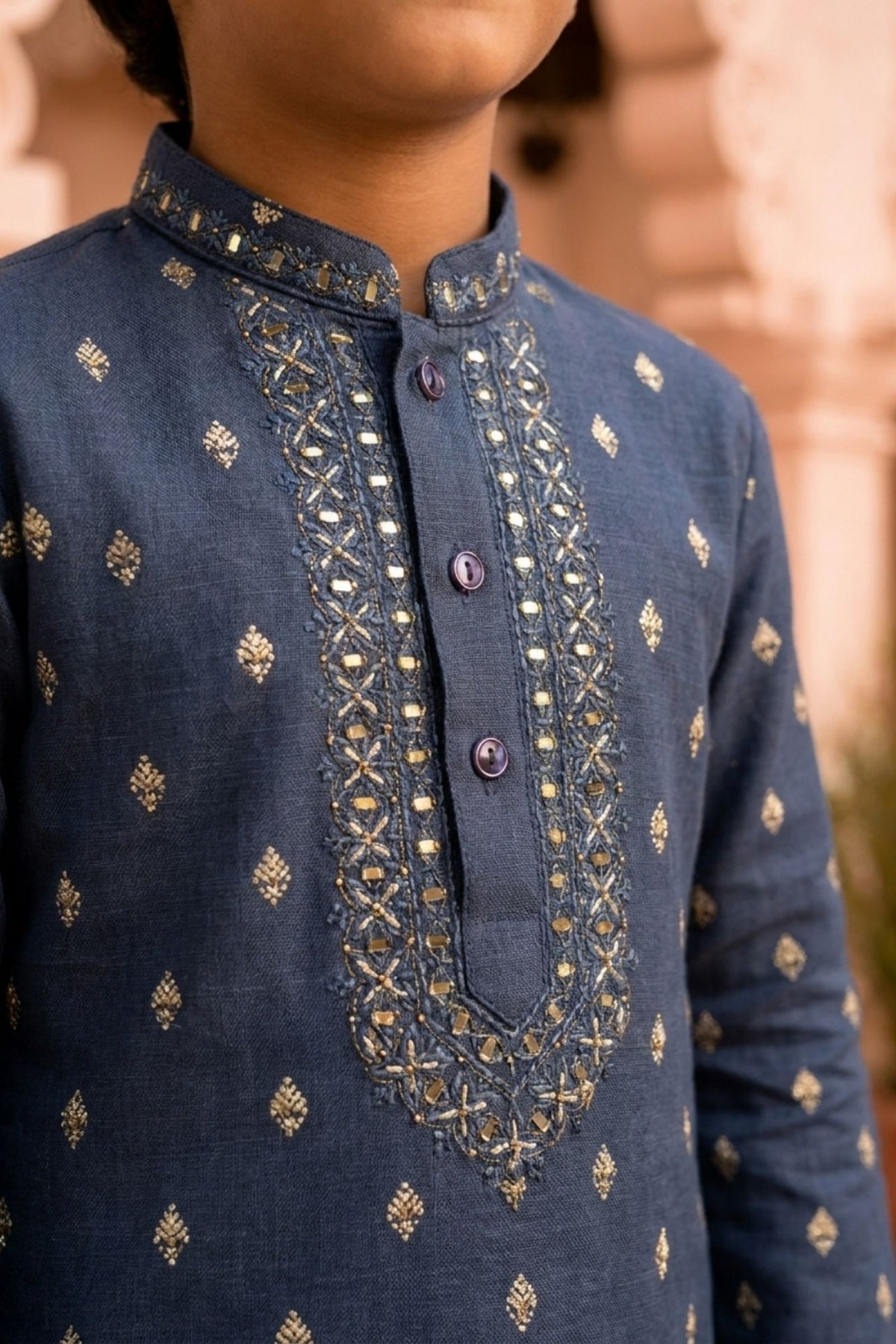Boys Navy Blue Mirror Embroidered Kurta Pajama Set