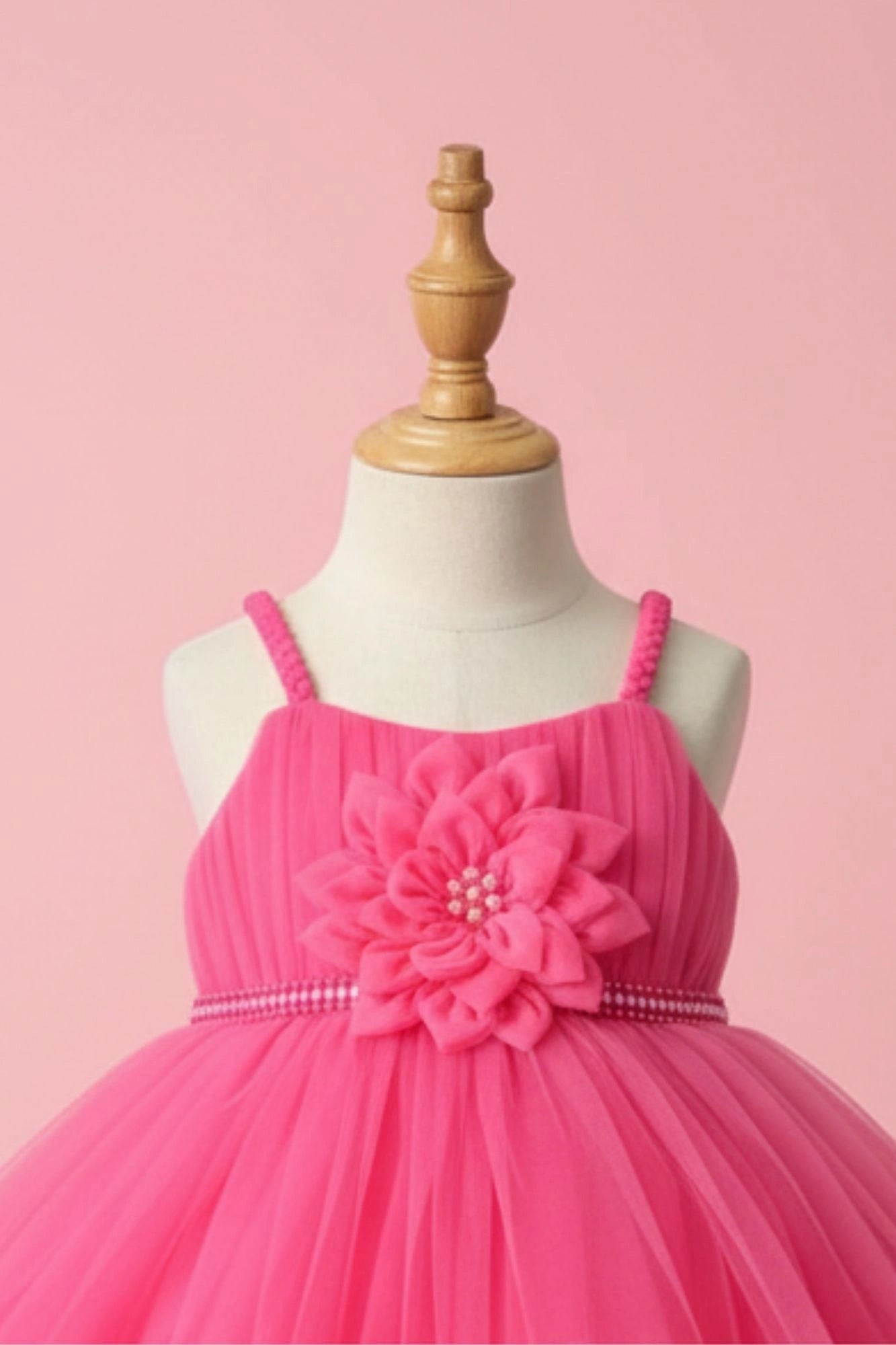 Pink Net Party Wear Frock with 3D Flower & Ruffle Hem For Girls