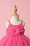 Pink Net Party Wear Frock with 3D Flower & Ruffle Hem For Girls