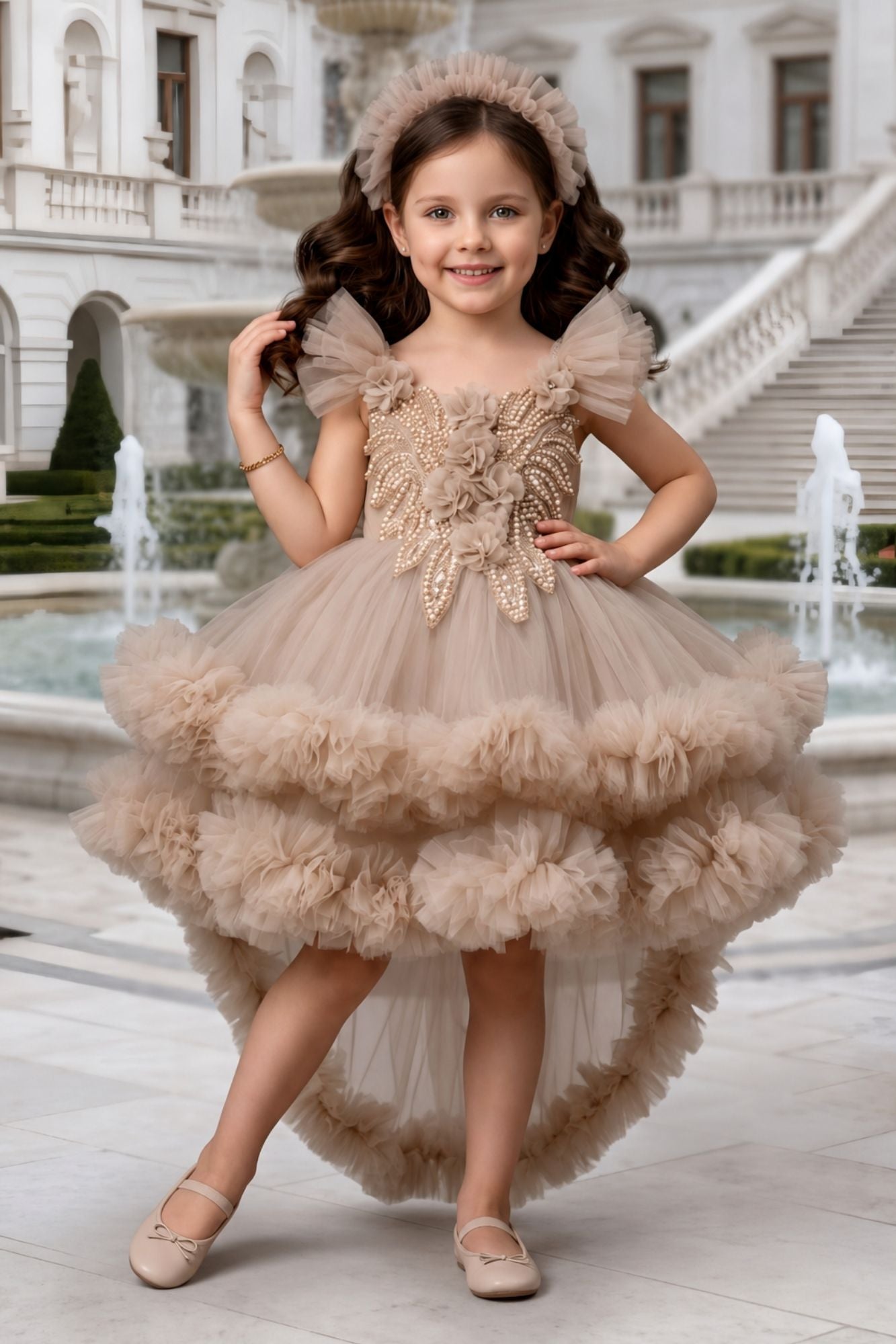 Girls Beige Ruffle Tailback Party Dress with Pearl And 3D Floral Work