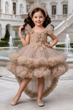 Girls Beige Ruffle Tailback Party Dress with Pearl And 3D Floral Work