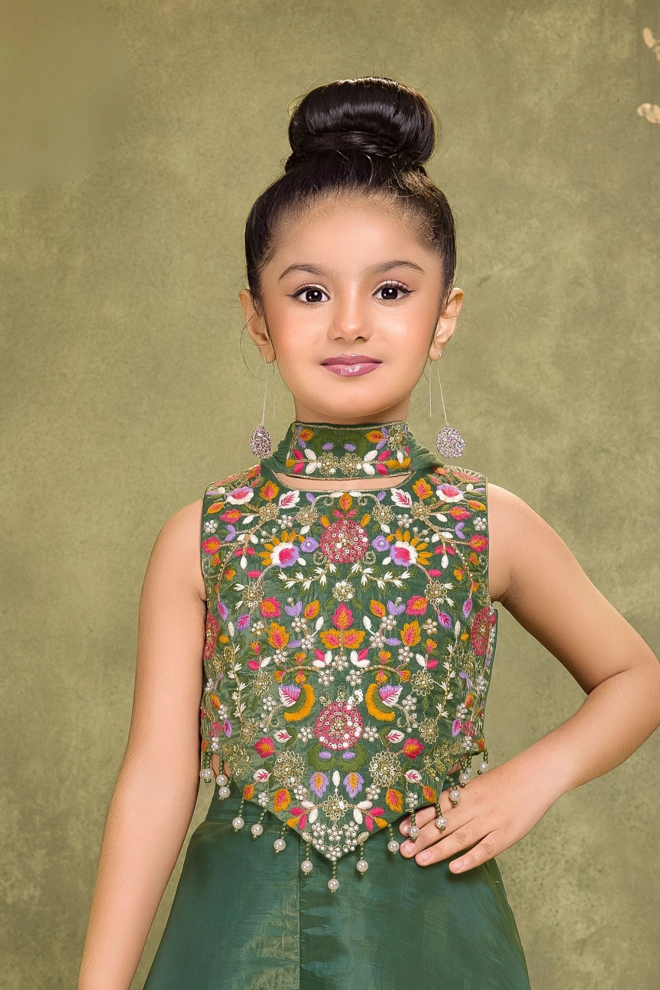 Green Sequins Work With Thread Embroidery Palazzo Set for Girls