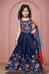Navy Blue Sequins Embroidered And Thread Work Lehenga Choli Set For Girls