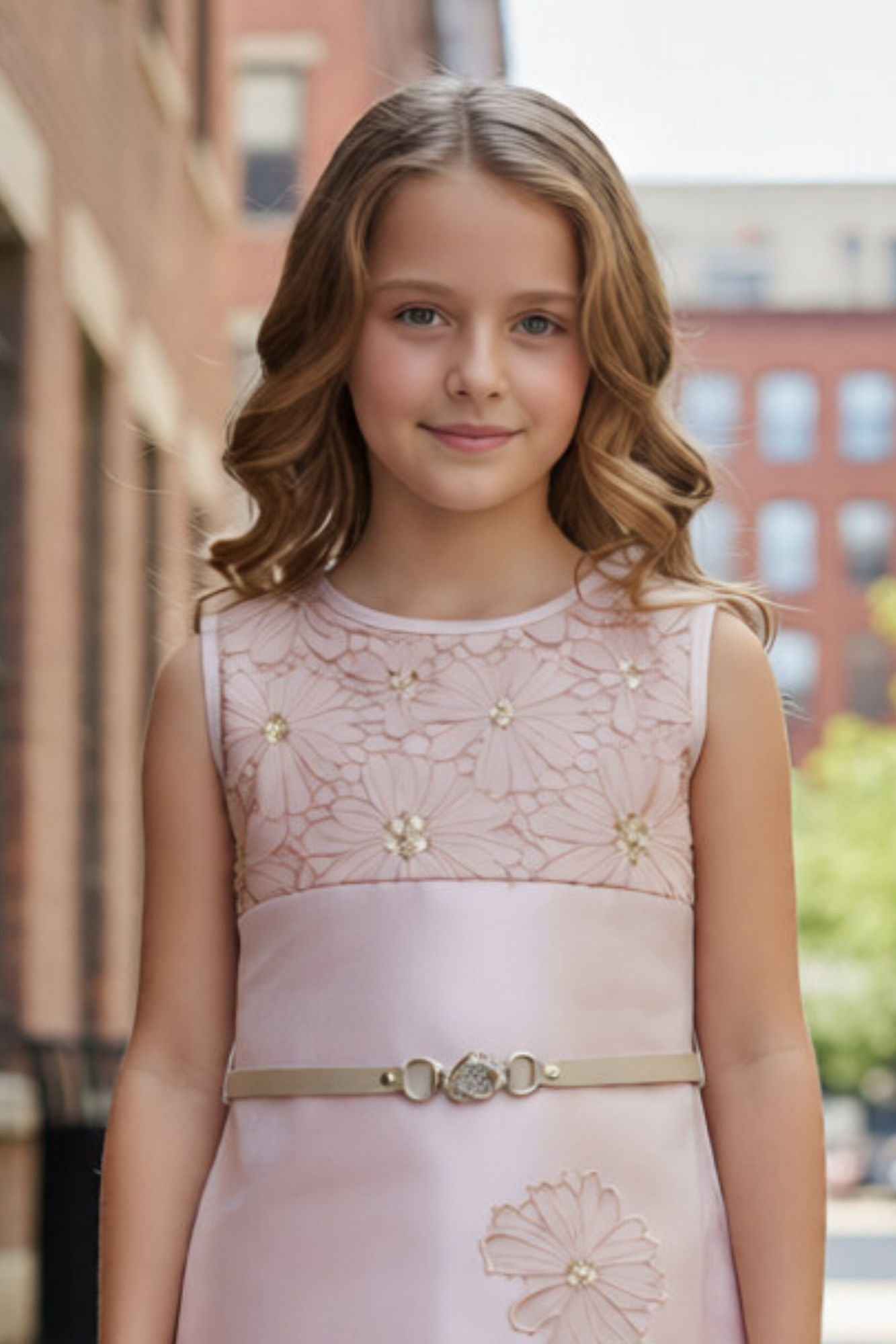 Peach Floral Embellished Party Dress For Girls