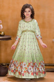 Light Green Floral Printed Ethnic Long Gown with Embellished Waist For Girls
