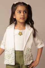 Olive Green Top And Shorts Casual Wear Set With Floral Embroidered Overcoat For Girls