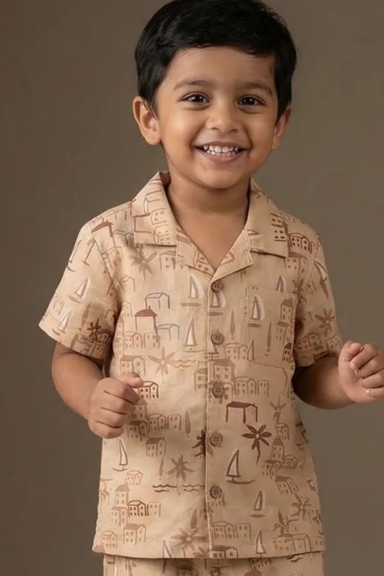 Brown Tropical Print Night Suit Set For Boys