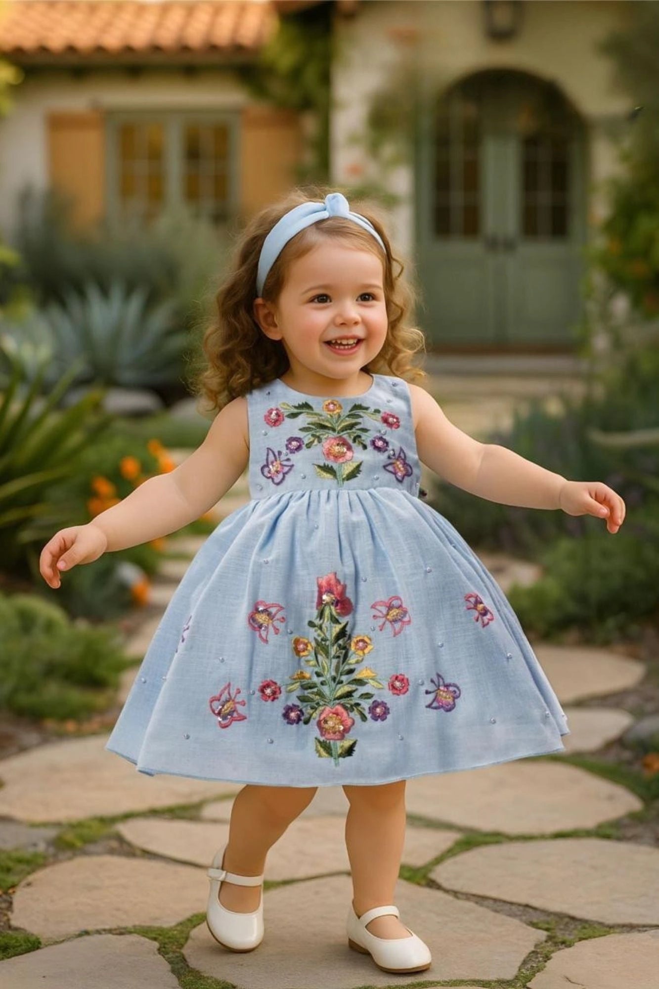 Sky Blue Sleeveless Embroidered Frock With Butterfly Motifs & Pearls For Girls