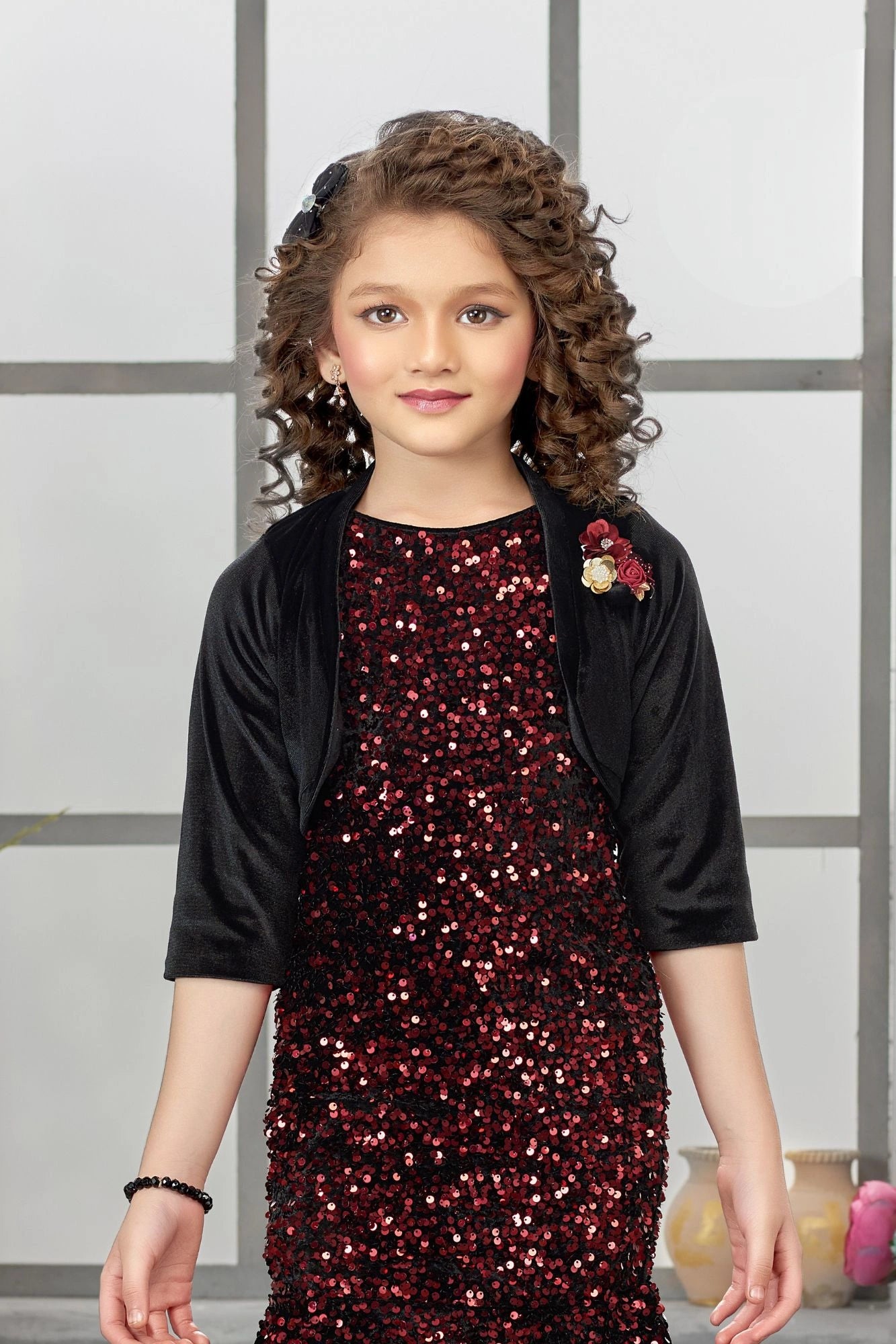 Black and Wine Sequin Mermaid Gown with Shrug For Girls