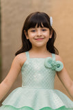 Sea Green & Silver Layered Party Frock with Shoulder Bow For Girls