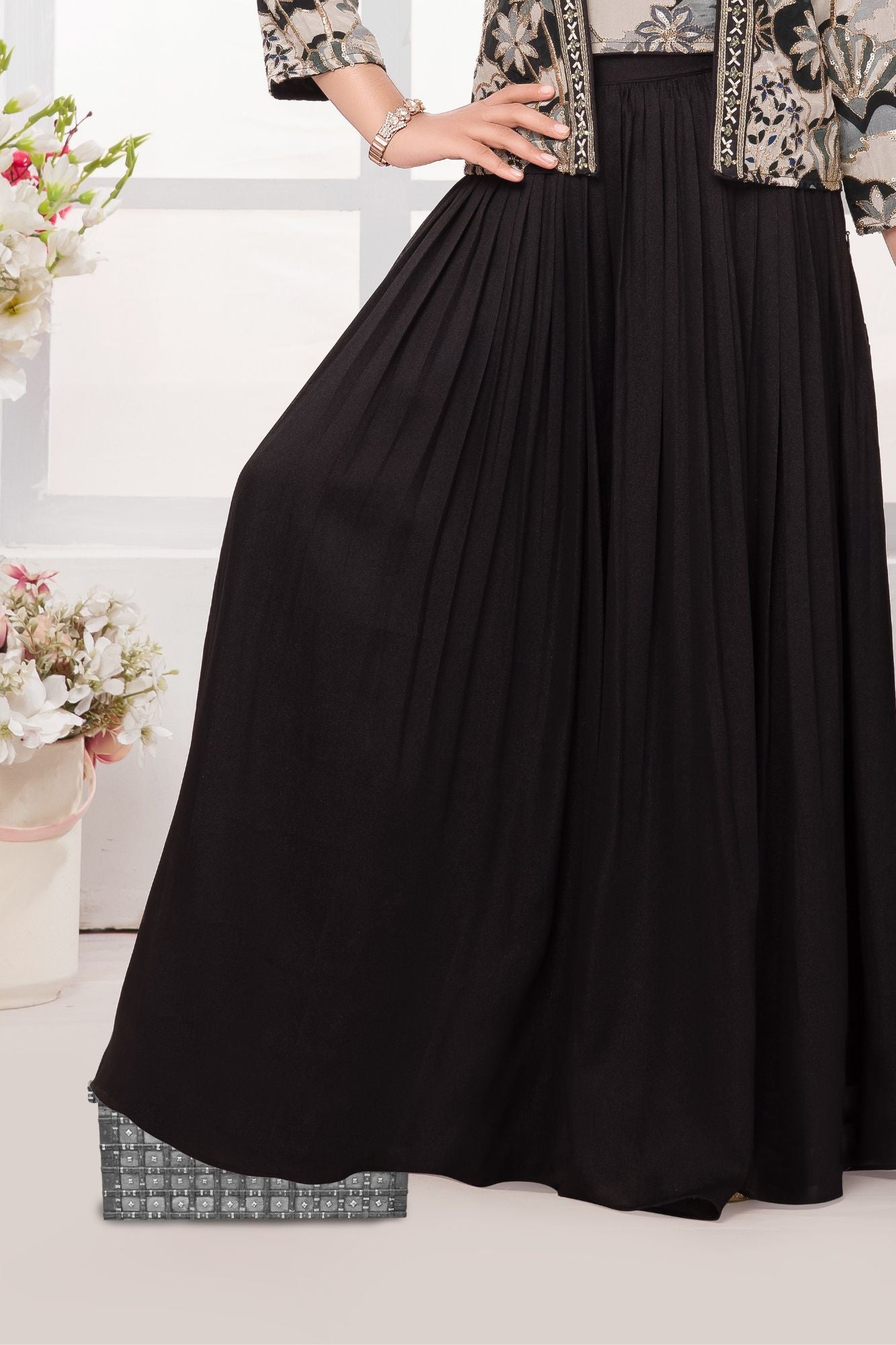 Black Palazzo Set with Embroidered Jacket and Dupatta For Girls