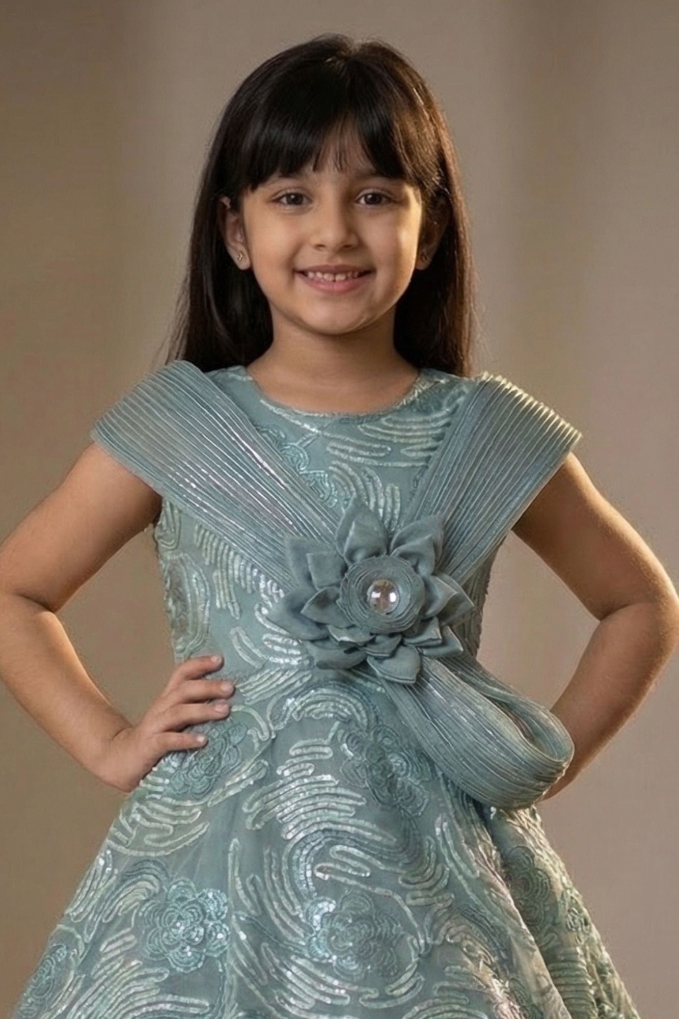 Blue Sequins Embellished Party Gown For Girls