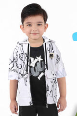 White  Printed Hoodie With Black T-Shirt And Pant Set For Boys