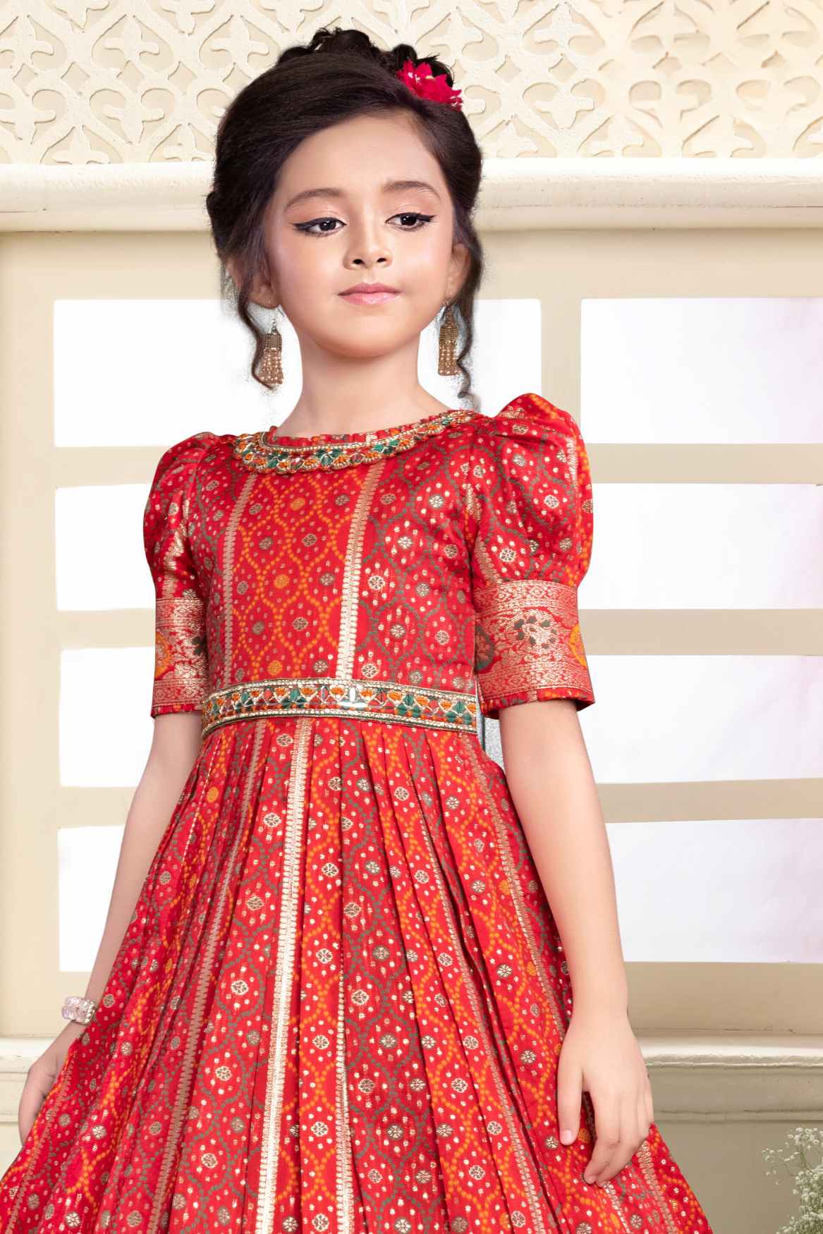 Red Jacquard Woven Traditional Ethnic Gown For Girls