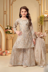 Fawn Embroidered Kurti Sharara Set With Dupatta for Girls