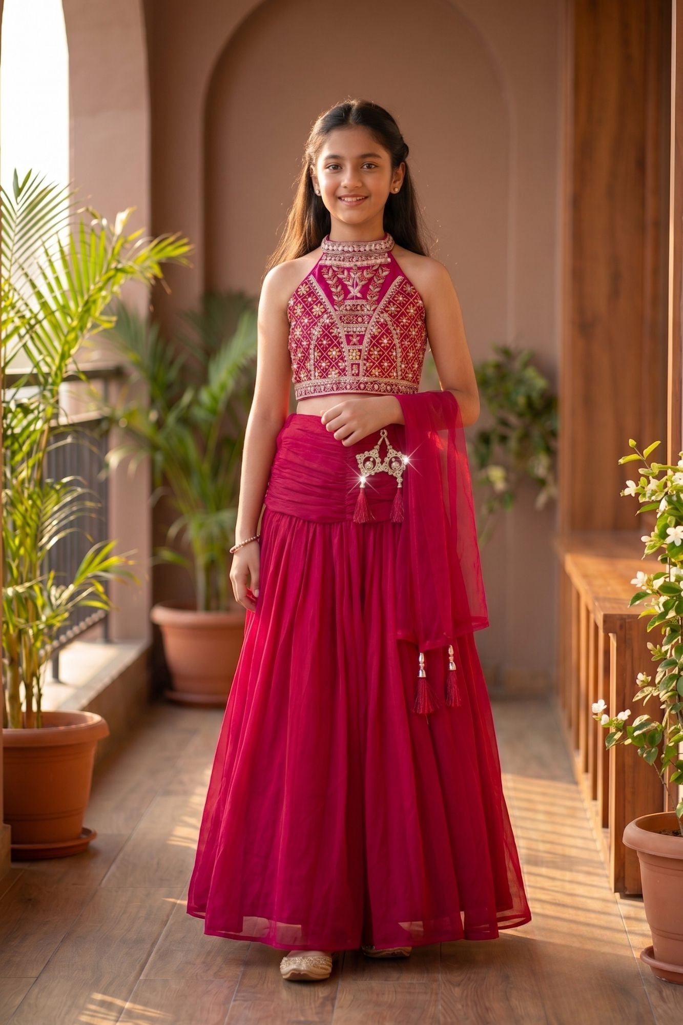 Girls Rani Pink  Embroidered Halter Neck Choli Set with Dupatta