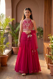 Girls Rani Pink  Embroidered Halter Neck Choli Set with Dupatta