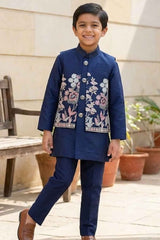 Designer Navy Blue Kurta Pajama Set With Floral Embroidery For Boys
