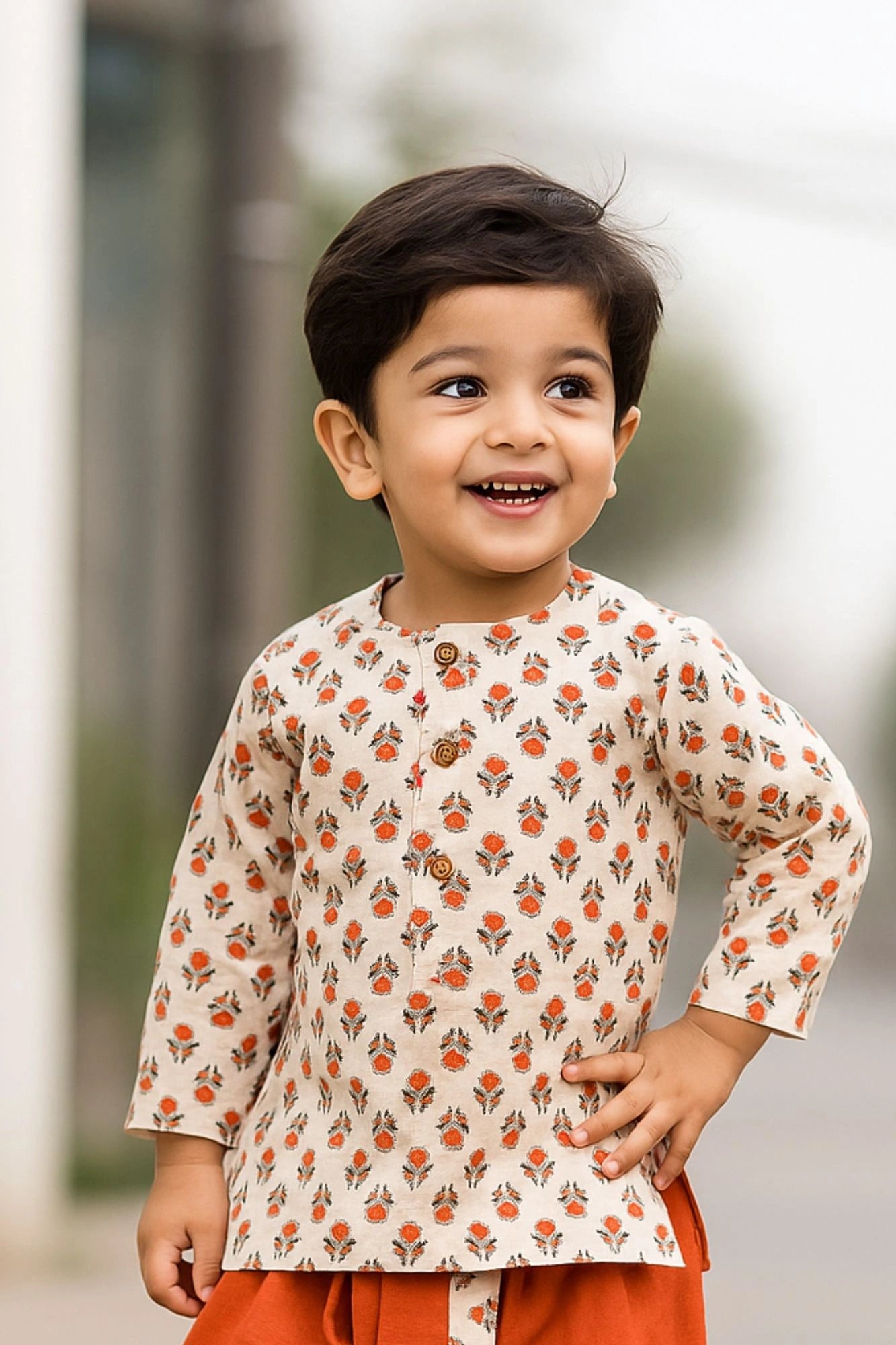 Rust Orange Handblock Printed Kurta with Dhoti Set For Boys