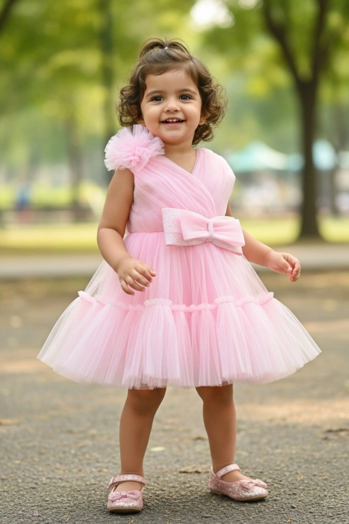 Pink Tulle Party Wear Frock with Oversized Bow For Girls