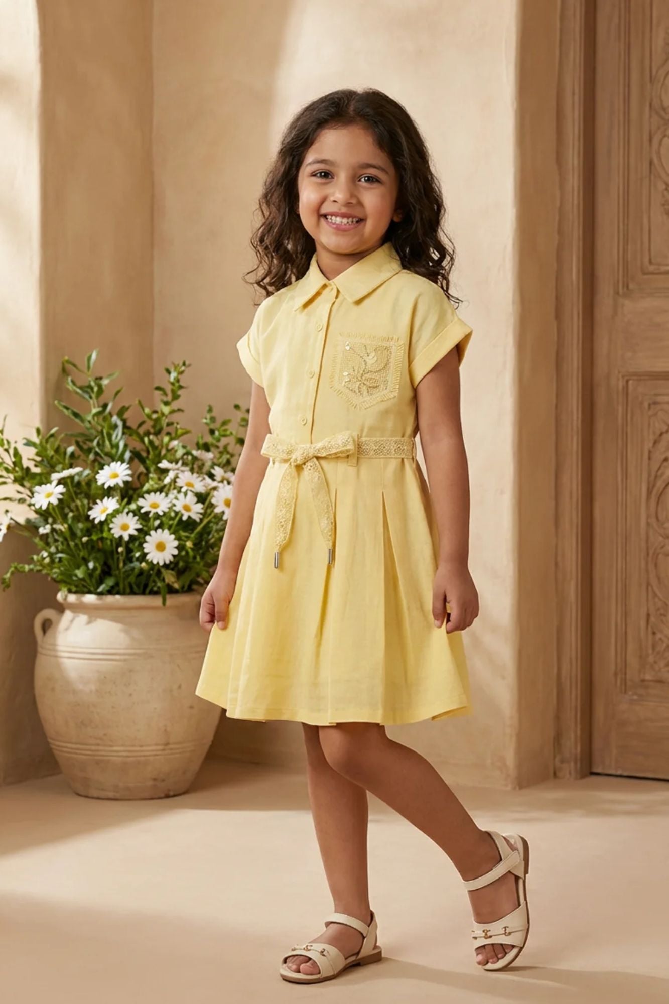 Girls Yellow Embroidered Fit And Flare Casual Dress with Waist Tie Belt