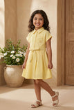 Girls Yellow Embroidered Fit And Flare Casual Dress with Waist Tie Belt