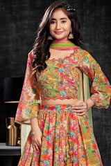 Multicolor Printed Lehenga Choli With Embroidered And Mirror Work For Girls