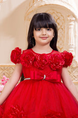 Red Floral Appliqué Party Frock For Girls