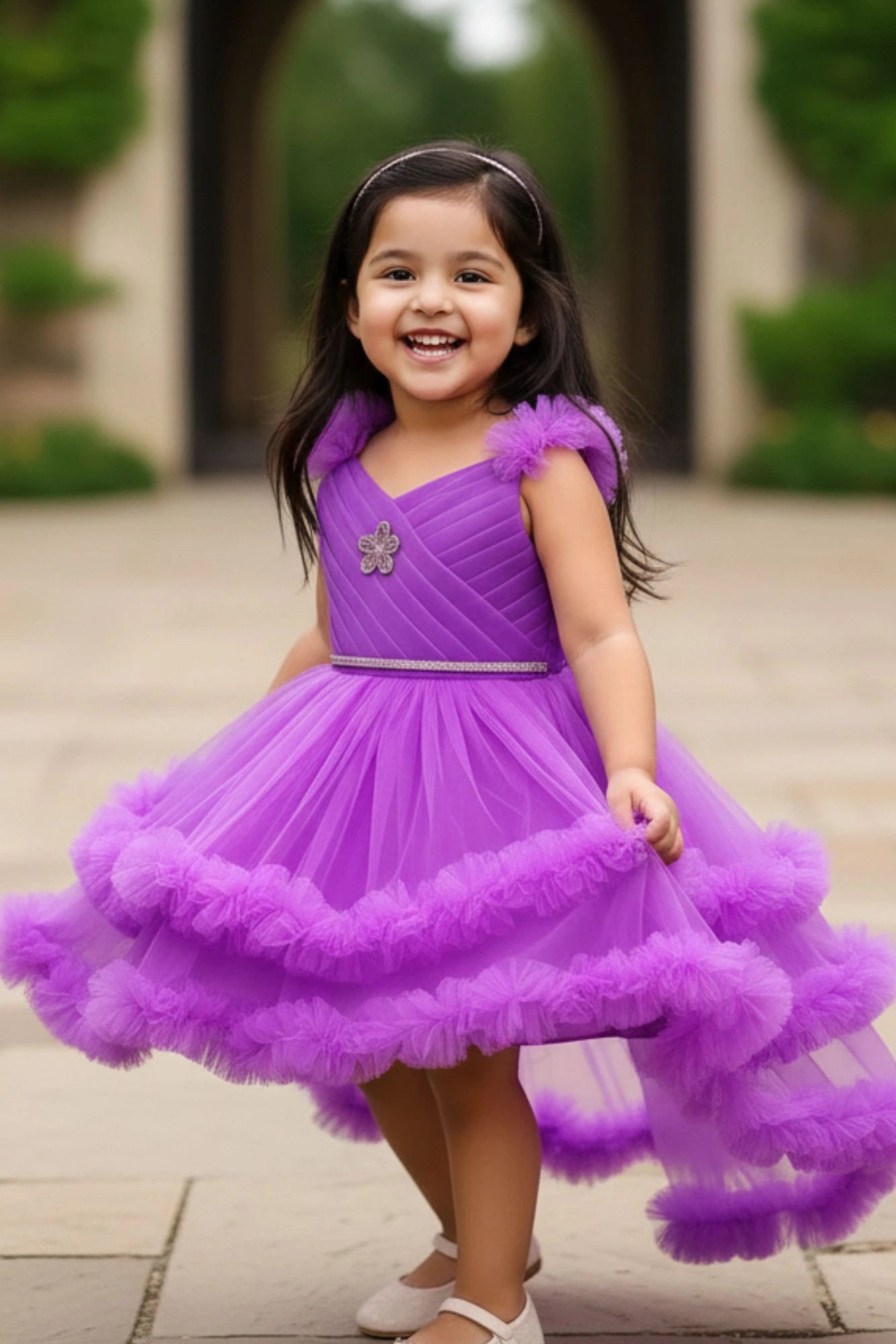 Purple Ruffle Party Frock With Stone Embellished And High-Low Hem For Girls