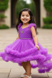 Purple Ruffle Party Frock With Stone Embellished And High-Low Hem For Girls
