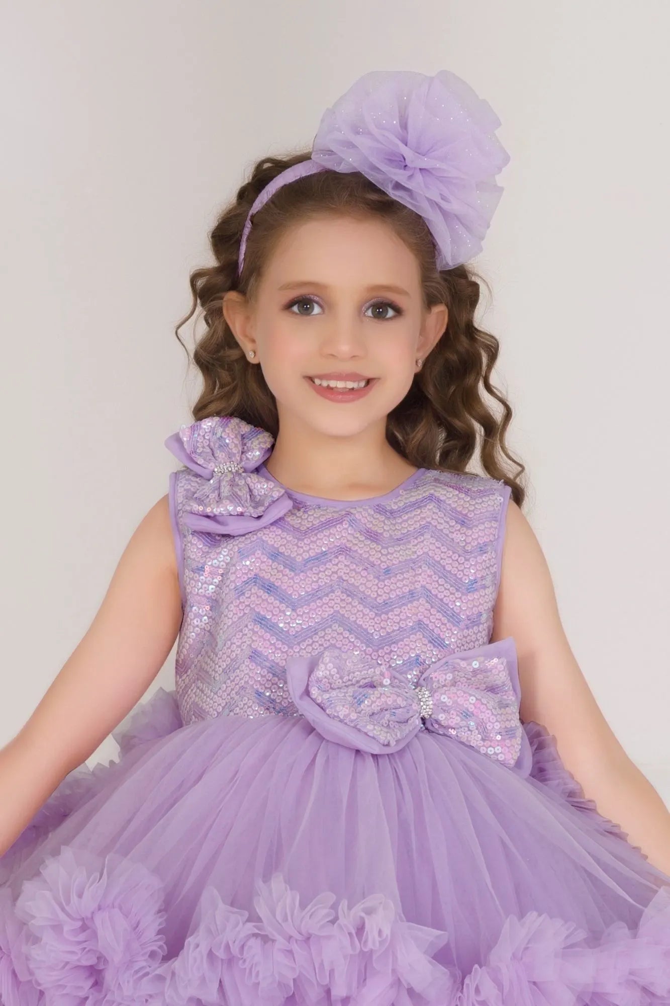 Lavender Sequin Bow With High-Low Ruffle Party Frock For Girls